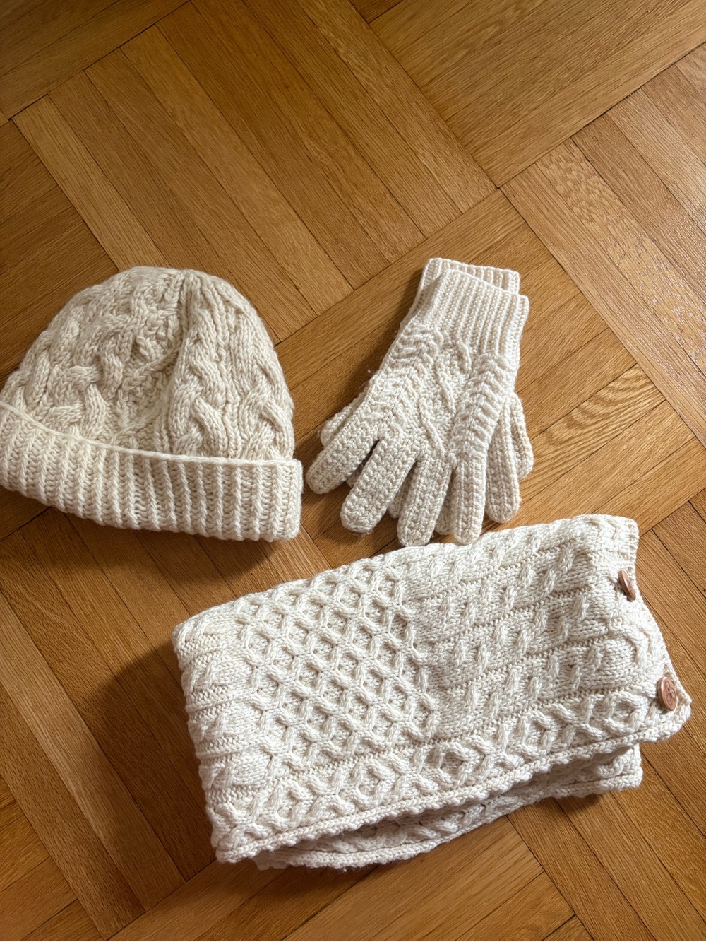 Cream Aran Knit Winter Hat, Gloves & Scarf Set